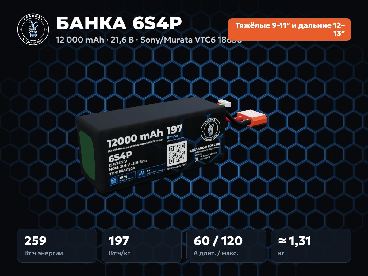 Аккумуляторная сборка БАНКА 6S4P на ячейках Sony/Murata VTC6 18650